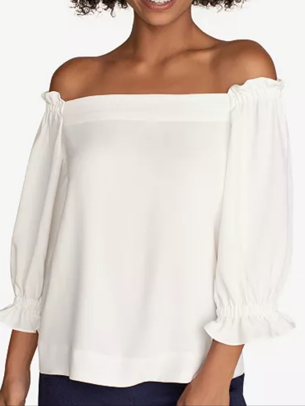 Trina Turk Equinox Romantic Ruffle Trim Off Shoulder Relaxed Fit Top, XS, EUC